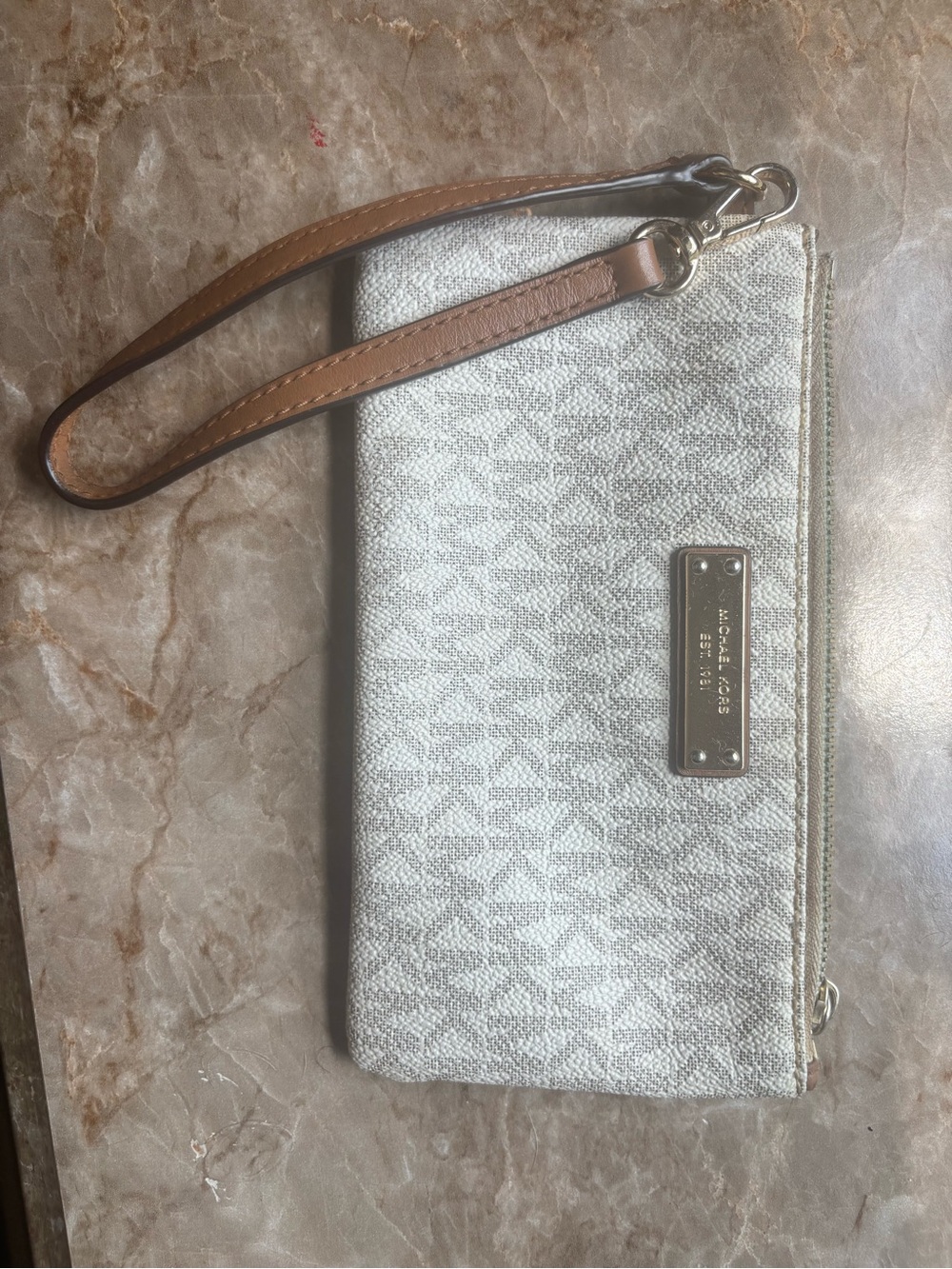 Michael Kors Silver Logo Wristlet with Brown Strap